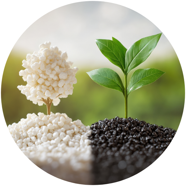 [画像：土壌から芽吹く植物と、白いバイオプラスチックペレット]