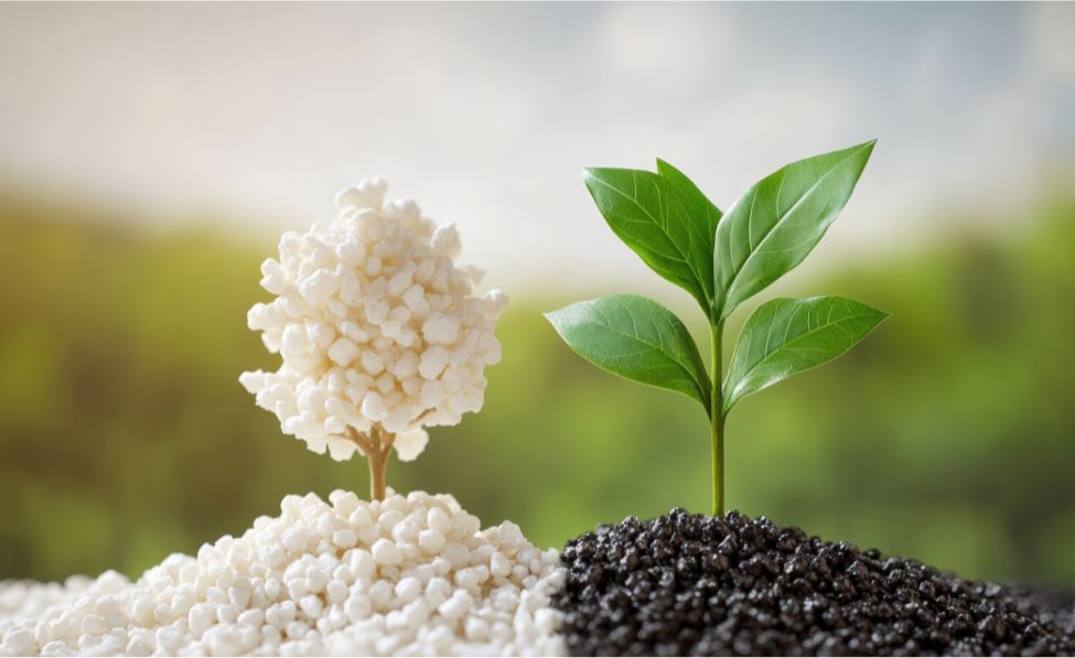 [画像：土壌から芽吹く植物と、白いバイオプラスチックペレット]