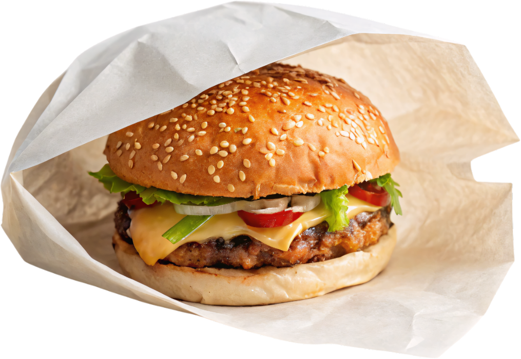 PFASフリー耐油紙に包まれたハンバーガー